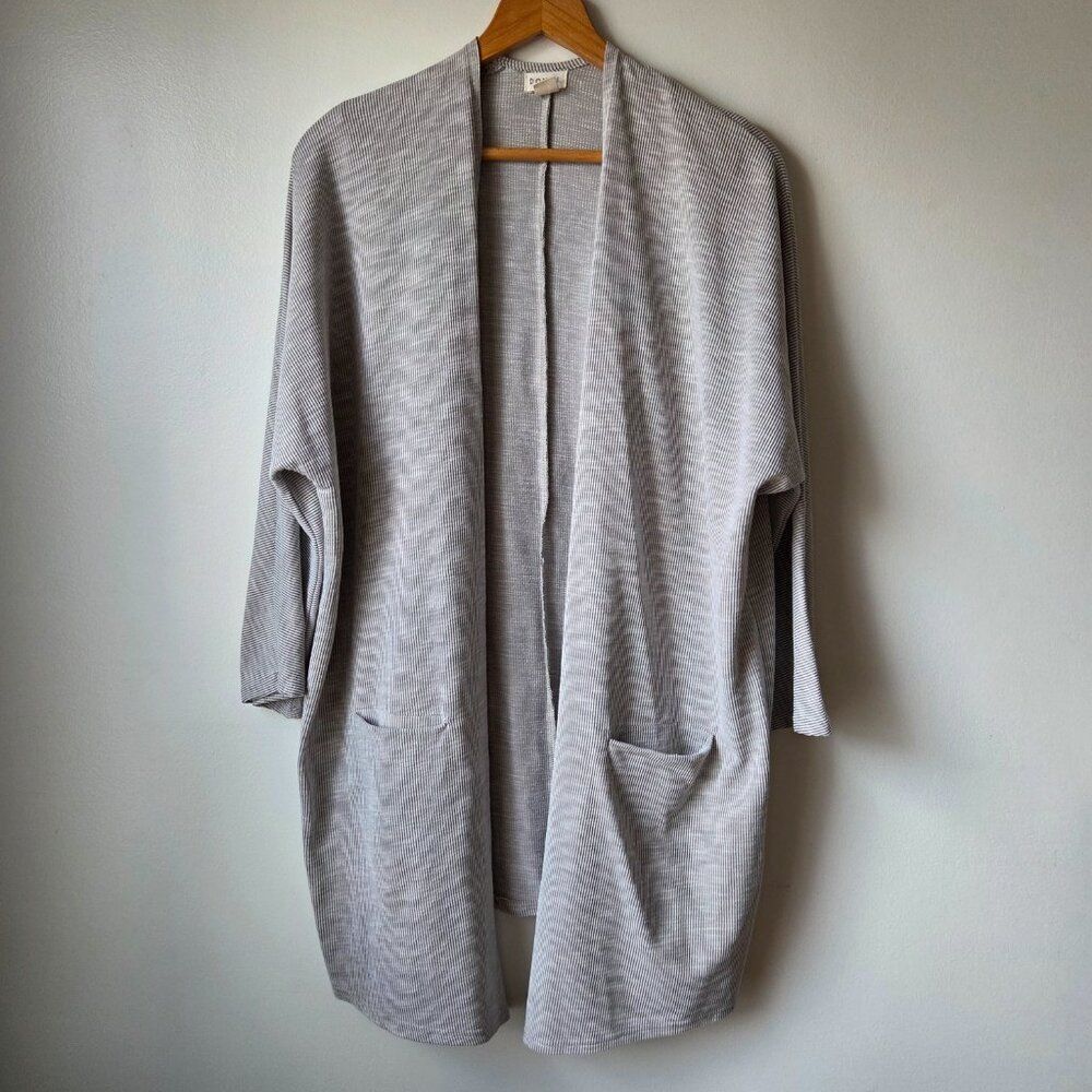 EUC DONNI. OSFA PINSTRIPE OPEN LONG CARDIGAN SWEATER GREY/WHITE